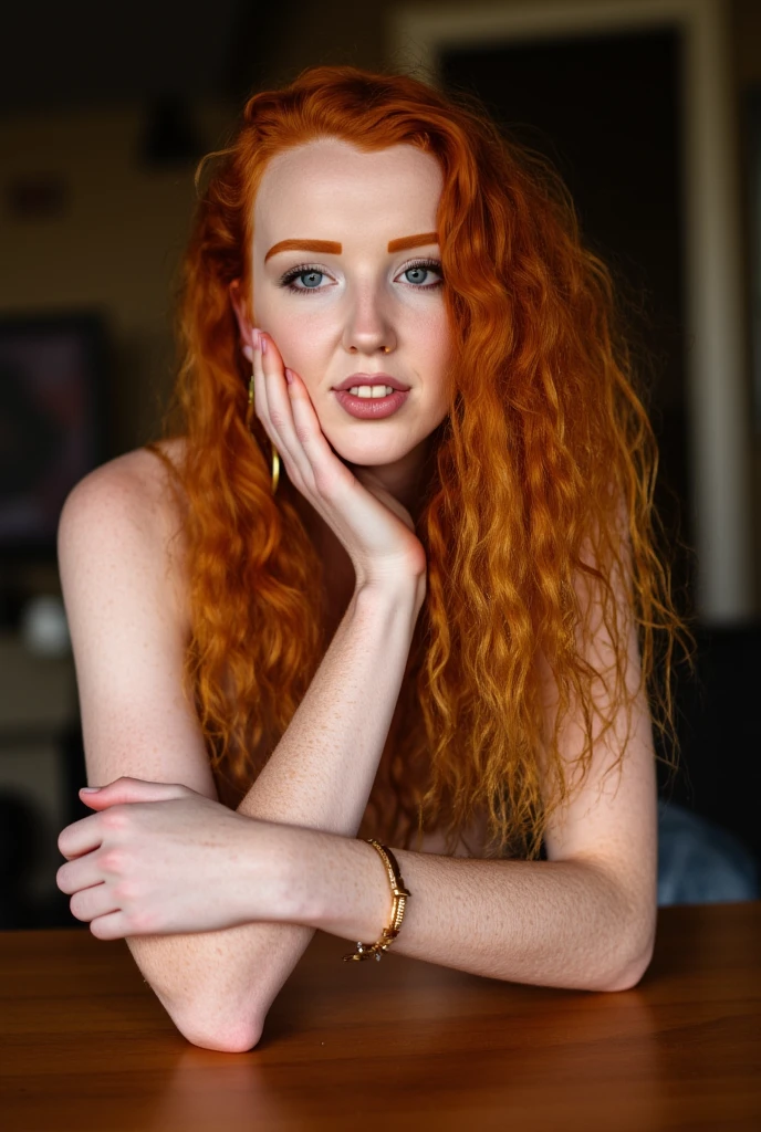 (8k, RAW photo, highest quality),(epic realistic:1.5), a girl, dynamic posture,erotic face,shirt,(detailed eyes:0.8),(looking at the camera:1.4), (highest quality), (best shadow),intricate details,cinematic,((skin:1.4)),interior, (long wavy ginger hair:1.3),dark studio,(hdr:1.5),detailed, muted colors, freckleright lighting: 0.7), masterpiece, big angle shot, RAW photo (pale 19-year-old Irishwoman, looking up at the viewer) (wearing a top and leggings), (sitting), full-length portrait, perfect face, captivating eyes, bright details, pouting lips (high skin detail), freckles, medium breasts, hard nipples (tint: 0.6), (dirty: 0.8), (bloody: 0.7), Key lighting, (backlight: 0.5), medium depth of field, Canon 5D, 50mm lens, f/4 aperture, (ultra-detailed, complex detail), sharp focus, 8k, absurd, 8mm film grain, flirting with camera