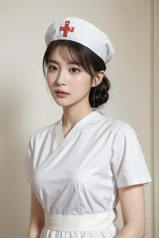 1 woman,(Wearing white nurse clothes:1.2),(RAW photos, Highest quality), (realistic, photo-realistic:1.4), Masterpiece, Very delicate and beautiful, very detailed, 2k wallpaper, amazing, exquisite, very detailed CG unity 8k wallpaper, very detailed, high resolution, soft light, Beautiful girl with details, very detailed eyes and face, Beautiful and complex nose, exquisite beautiful eyes, perfect anatomy, black hair, Upstyle, nurse uniform, ((nurse cap)), long skirt, nurse, white dress, thin, โรงnurse, clear, white uniform, โรงnurse room, Examination of the neck, ((upper body))