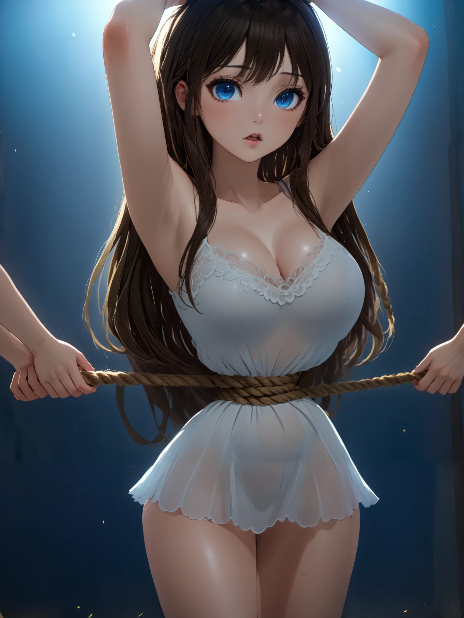 ((anime style))),(( masterpiece )), ( VERY DETAILED ), torture chamber ,(((arms raised))).((( Hemp Rope Tightening Her Waist ))), cute girl, white see-through lace slip dress,  beautiful dark brown hair ,(   beautiful blue eyes  ), long hair, armor that is an expression of pain