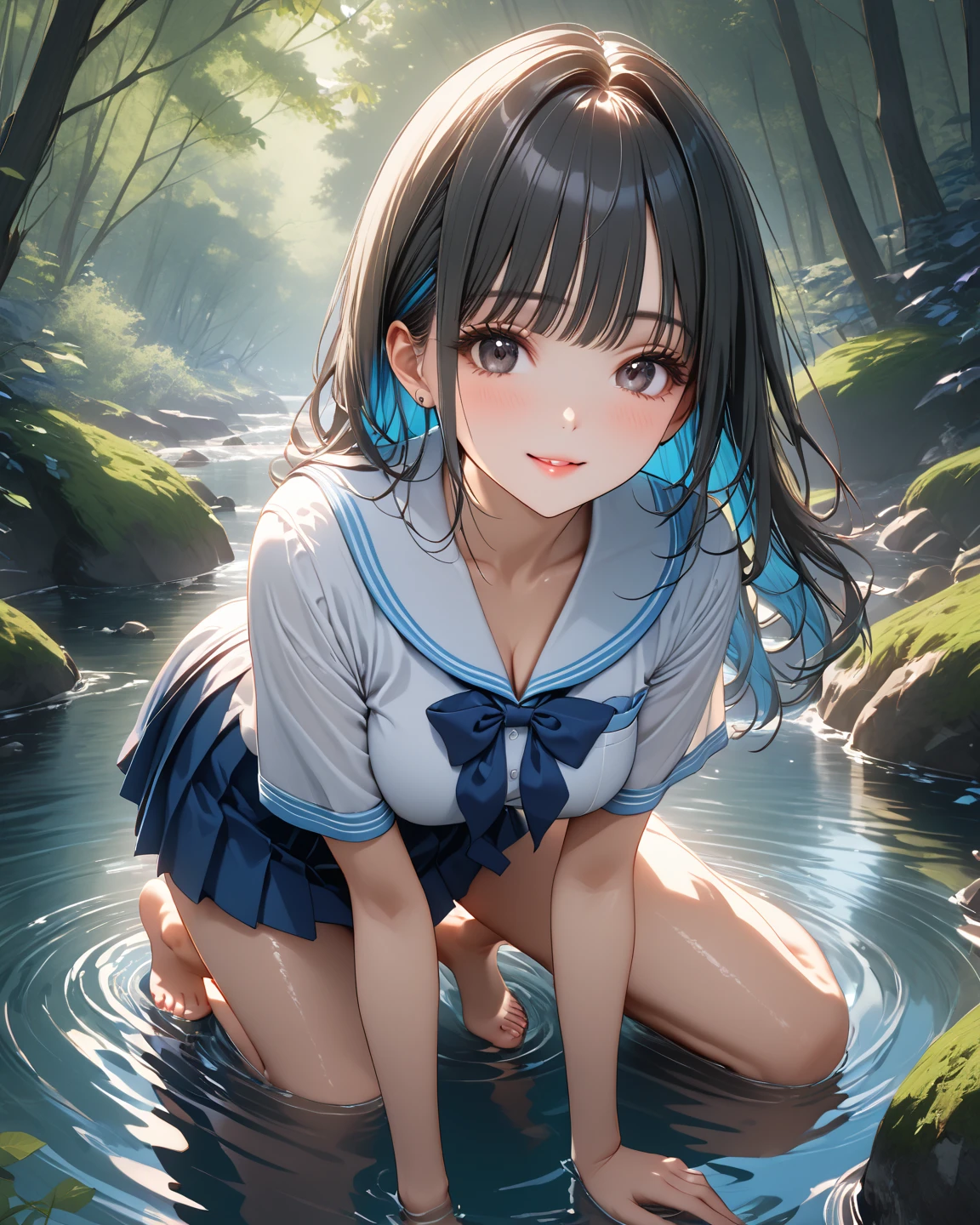 **Prompt:** "Please draw an anime-style female character with the following characteristics: - **Hair**: Long black hair tied in a ponytail, adorned with a red hibiscus flower. - **Eyes**: Blue eyes with a slight blush on her cheeks. - **Expression**: She has a slightly downward gaze with a somewhat troubled expression. - **Outfit**: She is wearing a black bikini. The bikini top has thin straps and an anchor pendant at the chest. The bikini bottom is also black with the text 'IRONBLOOD' written on it. She has a black garter on her left thigh. She is also wearing a light blue shirt that is slipping off her shoulders. - **Body**: She has a toned physique with emphasized muscle lines on her chest and abdomen. Her skin has water droplets, giving the appearance that she is wet. - **Pose**: She is standing with one leg raised, bent at the knee, and her body tilted at an angle. - **Background**: The background shows a blurred water surface, indicating that she is by the water. There are stones or rocks visible in the water."