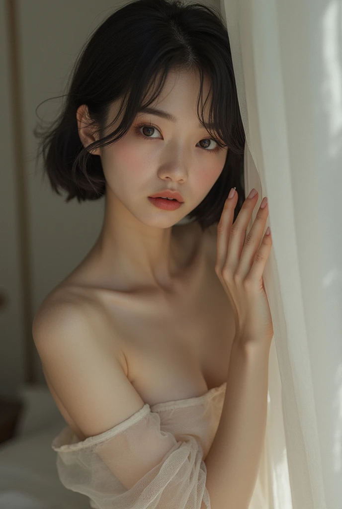 (A photo of a young Korean beauty in her bedroom at home:1.25) and (Analog film grain:1.2) and (Analog instantphoto:1.2) and (Analog Polaroid Photography1.2) and (color raw photo:1.2) and (Analog Fujifilm XT3 Photography:1) and (Analog kodak portra effect:1.2) and (masterpiece:1.2) and (best quality:1.2) and (ultra-detailed) and (photorealistic:1.4) and (Realistic:1.4) and (realistic photography:1.4) and (Analog flash photography:1.15) and (faded photo:1) and (skin reflection:1.15) and (studio lighting effects:1.1)