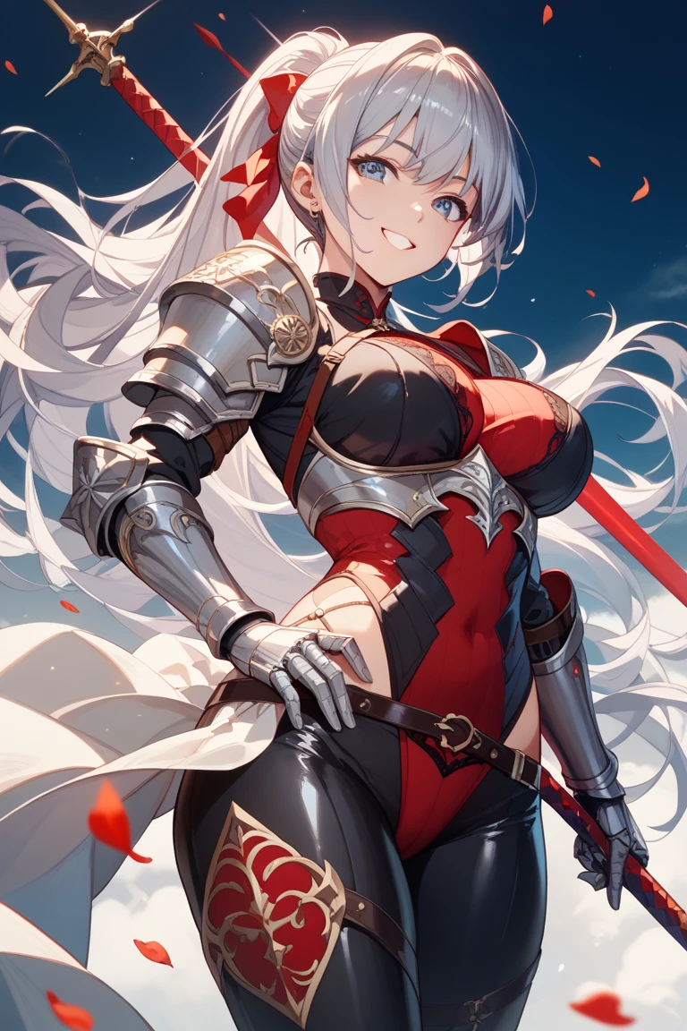 a tall woman, red skinned, armor and gray hair. She has a muscular body and big breasts