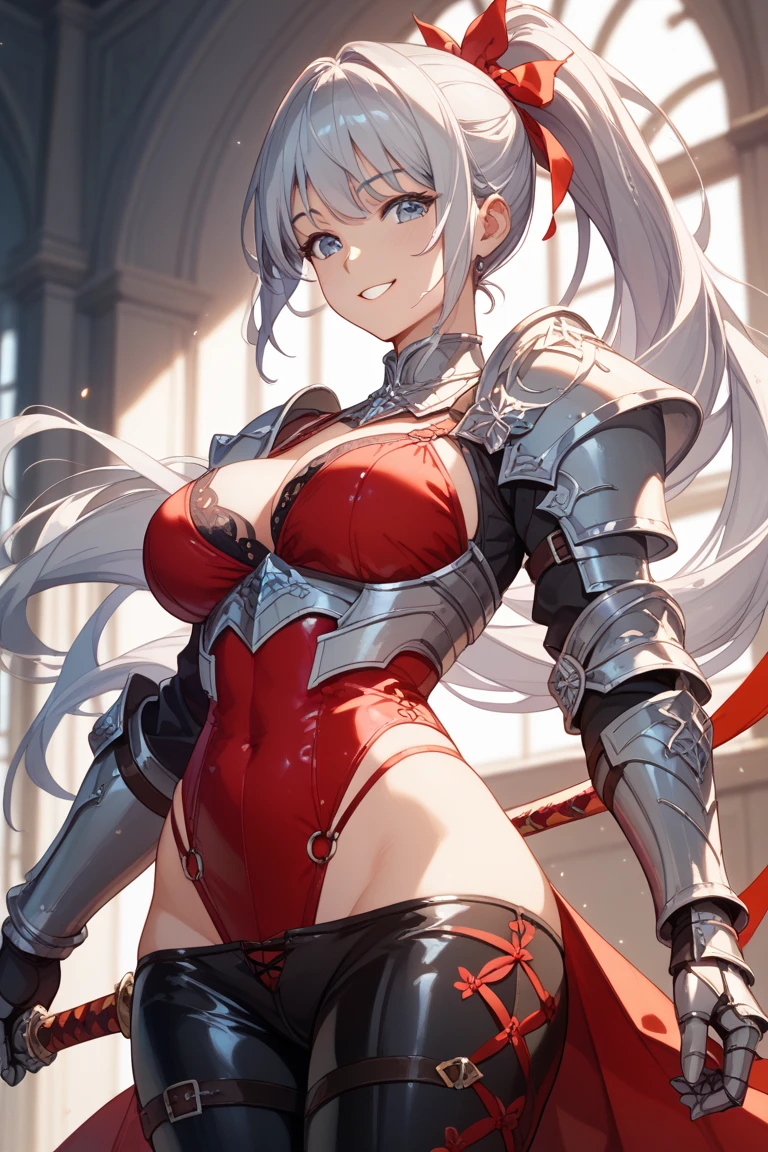 girl, long gray hair, crimson eyes, big breasts, silver metal armor .