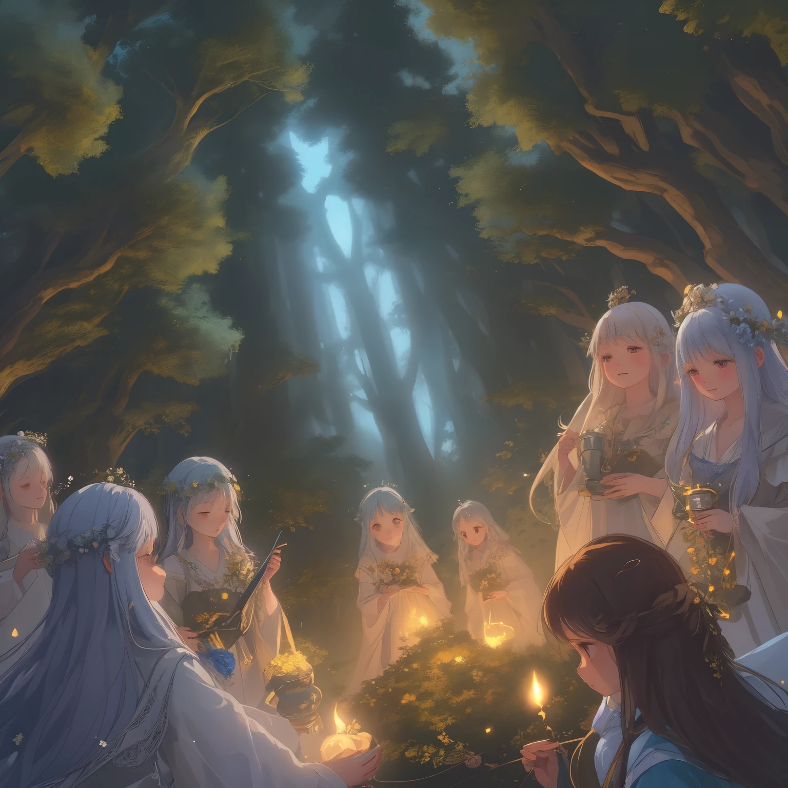 In this enchanting scene, the camera is situated among treetops, offering a low-angle perspective amidst a whimsical atmosphere, Moonlit forest glade, subtle mist swirling around ancient trees, illuminated by a soft, ethereal glow emanating from a crescent moon hanging low in the sky. A young witch, dressed in flowing white robes, stands at the edge of the clearing, her staff glowing with a gentle blue light as she gazes up at the celestial body, her long hair blowing gently in the breeze.. The composition features a kaleidoscope of vibrant flowers swaying gently in the breeze, with towering trees stretching towards the sky and magical beings hidden amongst the foliage. Soft, diffused light filters through the canopy, casting dappled shadows across the forest floor. As the camera captures every detail in 8K resolution, delicate petals of seven-colored flowers and enigmatic expressions of mystical creatures come into sharp focus.