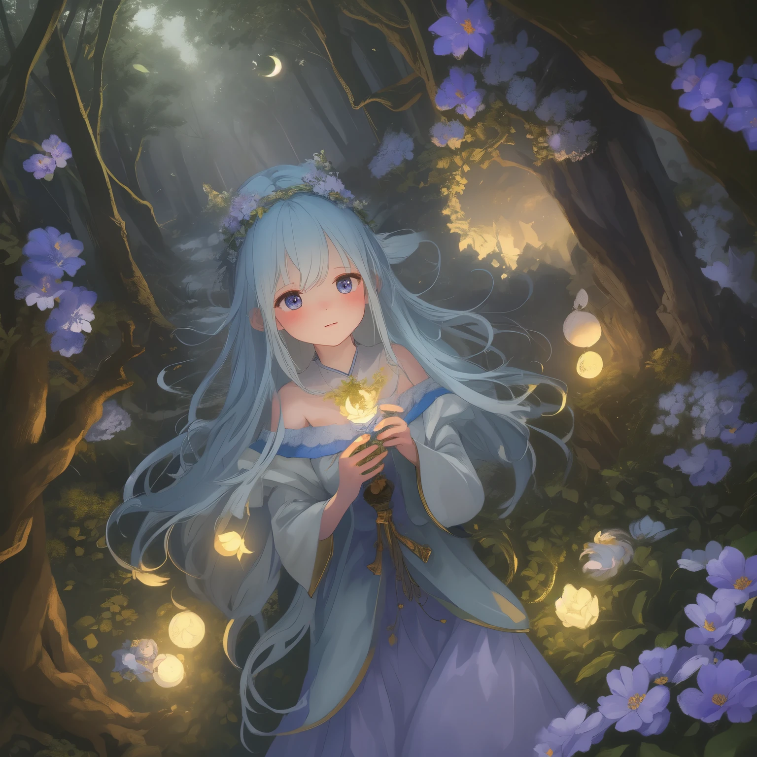 In this enchanting scene, the camera is situated among treetops, offering a low-angle perspective amidst a whimsical atmosphere, Moonlit forest glade, subtle mist swirling around ancient trees, illuminated by a soft, ethereal glow emanating from a crescent moon hanging low in the sky. A young witch, dressed in flowing white robes, stands at the edge of the clearing, her staff glowing with a gentle blue light as she gazes up at the celestial body, her long hair blowing gently in the breeze.. The composition features a kaleidoscope of vibrant flowers swaying gently in the breeze, with towering trees stretching towards the sky and magical beings hidden amongst the foliage. Soft, diffused light filters through the canopy, casting dappled shadows across the forest floor. As the camera captures every detail in 8K resolution, delicate petals of seven-colored flowers and enigmatic expressions of mystical creatures come into sharp focus.