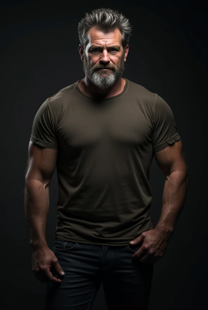 Professional retro-style photograph of a middle-aged man with short military-style haircut, long but well-groomed gray beard, wearing a white t-shirt and a black leather jacket. Half-body portrait, black background, studio chiaroscuro technique, ultra-realistic and highly detailed. Retro-style lighting can be applied as needed.