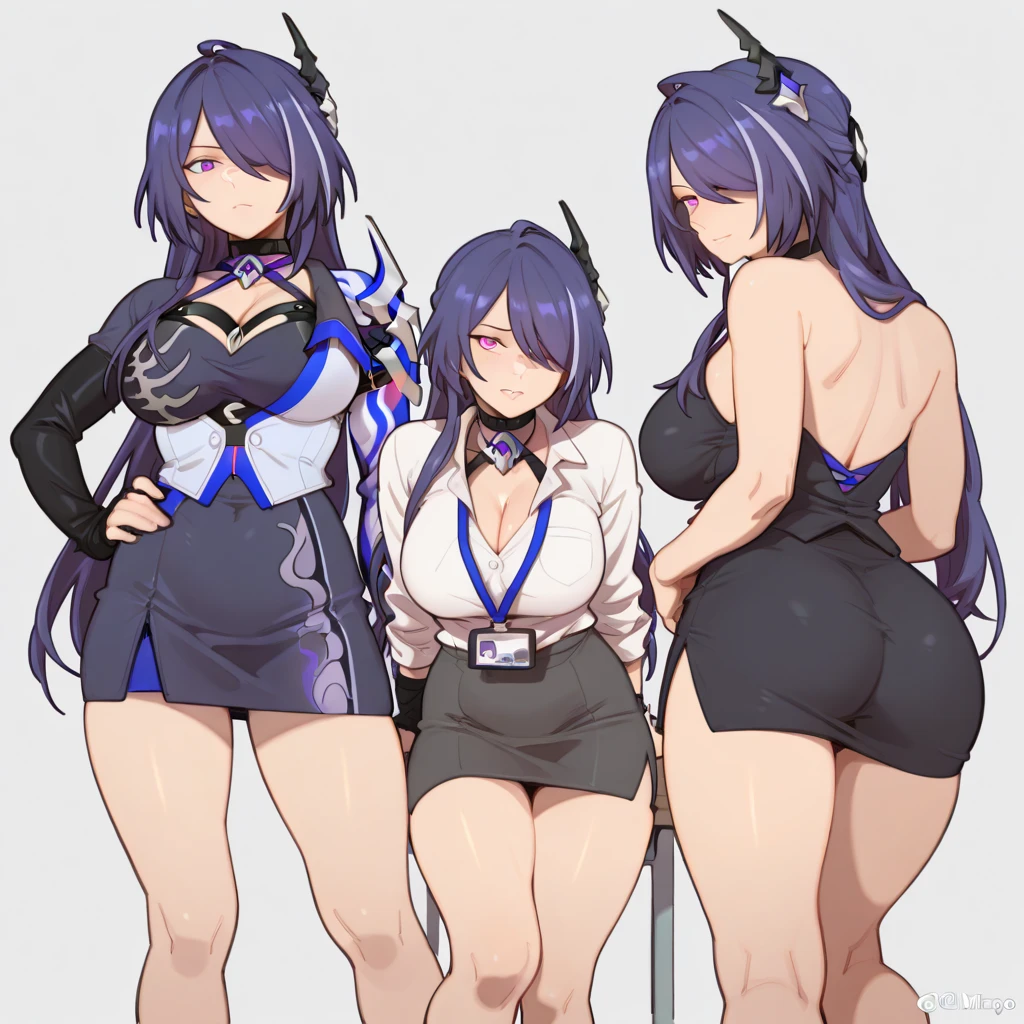 human adult woman, long purple hair, athletic body with scars, long shapely legs, huge breasts, red eyes, metal combat gloves, high boots, mini skirt, high stockings, high boots, pigtails hairstyle, 8k, hd, masterpiece, full body, dynamic pose, White background, drawing of the character sketch in various perspectives back, front, 3/4, face, ass
