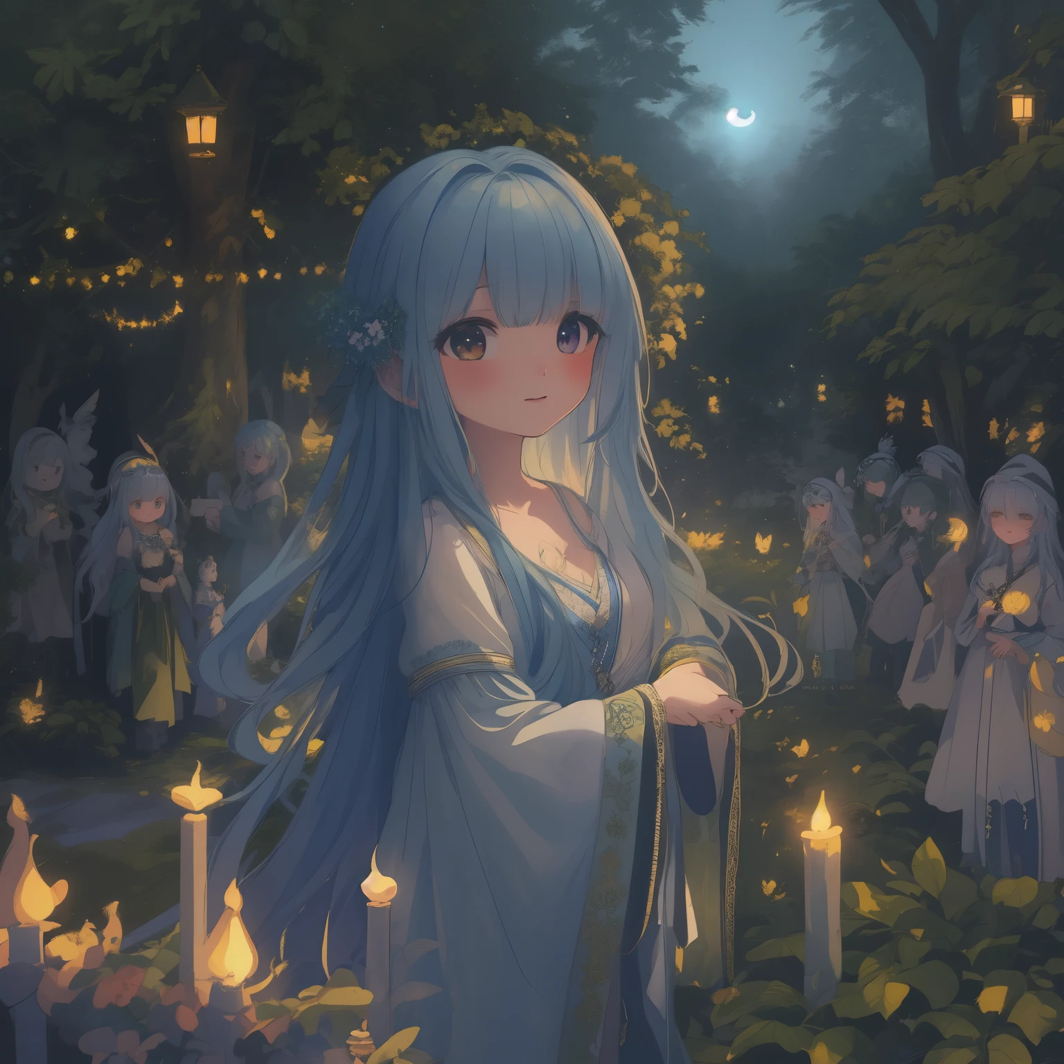 In this enchanting scene, the camera is situated among treetops, offering a low-angle perspective amidst a whimsical atmosphere, Moonlit forest glade, subtle mist swirling around ancient trees, illuminated by a soft, ethereal glow emanating from a crescent moon hanging low in the sky. A young witch, dressed in flowing white robes, stands at the edge of the clearing, her staff glowing with a gentle blue light as she gazes up at the celestial body, her long hair blowing gently in the breeze.. The composition features a kaleidoscope of vibrant flowers swaying gently in the breeze, with towering trees stretching towards the sky and magical beings hidden amongst the foliage. Soft, diffused light filters through the canopy, casting dappled shadows across the forest floor. As the camera captures every detail in 8K resolution, delicate petals of seven-colored flowers and enigmatic expressions of mystical creatures come into sharp focus.