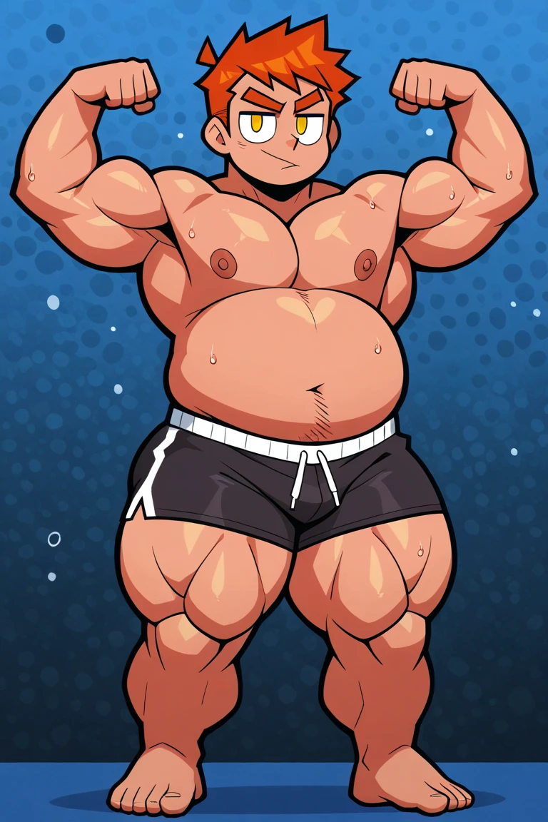Ultra-detailed illustrations、Ultra-precise expression、masterpiece、Highest quality、ultra High resolution、High resolution、Hiromitsu Takeda Style、White background、Simple Background、stand、Character portrait、whole body、Black Swimsuit、One fat old man、Bald Head、solo、No Face、barefoot、erection、Bulging crotch