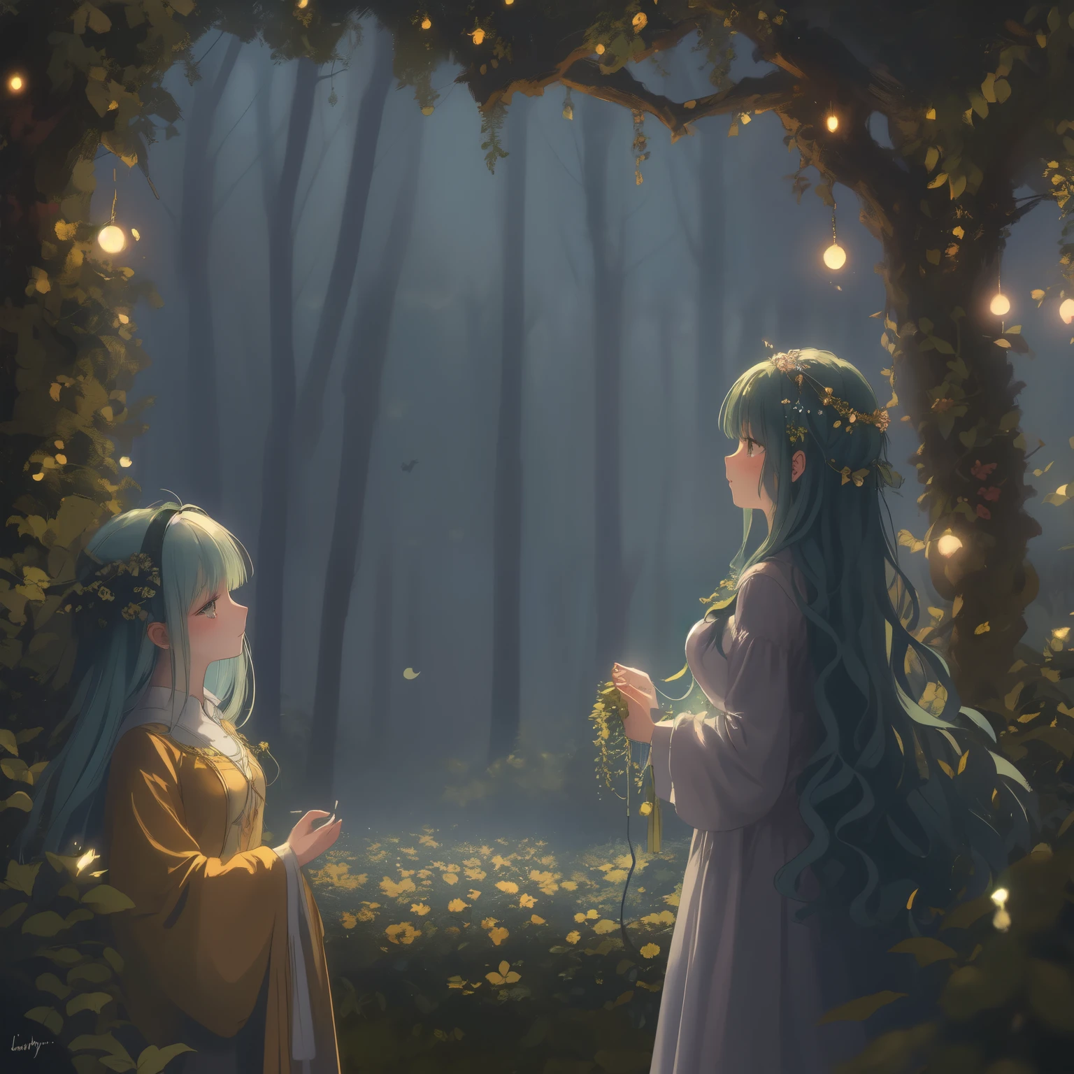 In this enchanting scene, the camera is situated among treetops, offering a low-angle perspective amidst a whimsical atmosphere, Moonlit forest glade, subtle mist swirling around ancient trees, illuminated by a soft, ethereal glow emanating from a crescent moon hanging low in the sky. A young witch, dressed in flowing white robes, stands at the edge of the clearing, her staff glowing with a gentle blue light as she gazes up at the celestial body, her long hair blowing gently in the breeze.. The composition features a kaleidoscope of vibrant flowers swaying gently in the breeze, with towering trees stretching towards the sky and magical beings hidden amongst the foliage. Soft, diffused light filters through the canopy, casting dappled shadows across the forest floor. As the camera captures every detail in 8K resolution, delicate petals of seven-colored flowers and enigmatic expressions of mystical creatures come into sharp focus.