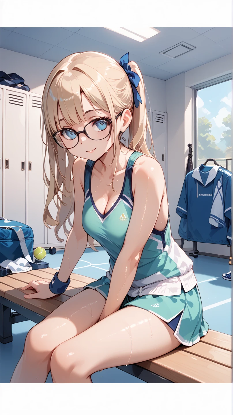 masterpiece, best quality, AiHayasakaV4, 1girl, solo, breasts, blush, blue eyes, blonde hair, hair ornament, hair between eyes, nail polish, side ponytail, scrunchie, hair scrunchie, blue nails, blue scrunchie, ((slim body)),((slim legs)),((slim thighs)),((geek glasses)), ((medium breasts)),((sunny day)), ((kneeling)), ((playground background)), ((smile smug face)), ((short socks white:1.4)), ((sport bra)),((sport red short)), ((loking back))