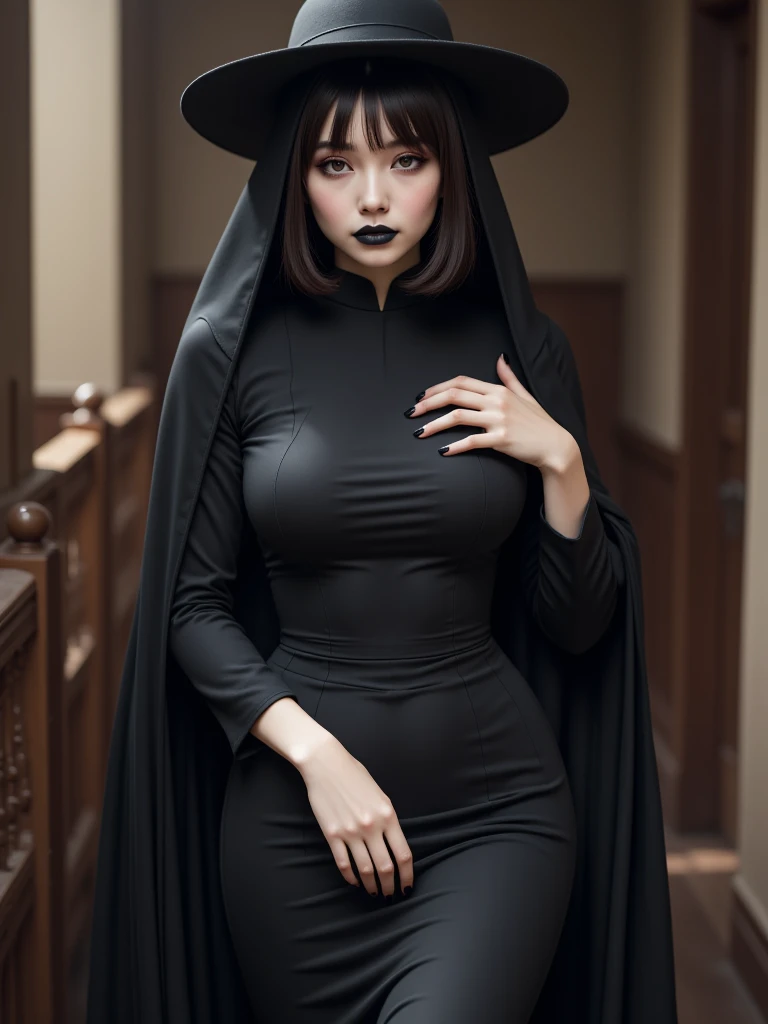 Draw a black mage witch woman dressed in black who is scary with a long dress that touches the ground torn with long fingers, close face and with horns on her head