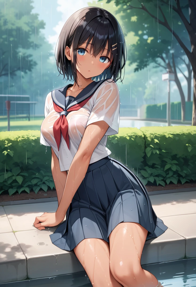 School Ground, , short sleeves, Skirt,
Field,
GOOD visible through clothes,
GOOD, Transparent, wet,
wavy mouth,
(run:1.2), arms on head,
looking away, Looking to the future, looking away,
(Masterpiece, Best Quality, ultra detailed),
black fur, big breasts,
Beautiful face, kawaii, small face,
(rain),
1 girl, Alone,