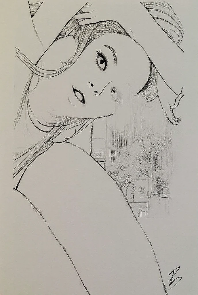 2d_artwork, drawing of a woman, sitting, (masterpiece:1.0), (best quality:1.0), (intricate details), b/w, black and white