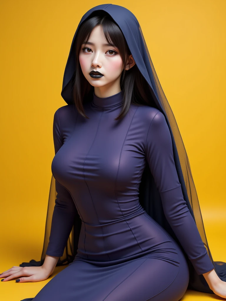 Long black hair ninja girl wearing hood Black Skirt tall Slightly larger breasts With bangs Thin legs He is wearing a black mask covering his mouth and nose.