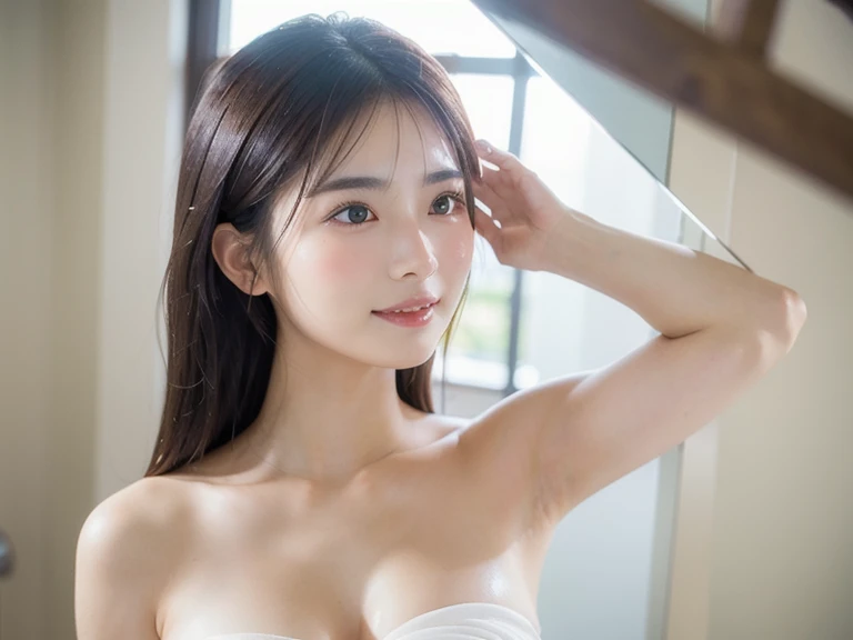 (((32ｋ,High Details,High Detail、masterpiece,Attention to detail,whole body,Solitary))),RAW photos & Realistic atmosphere,beauty的深蓝色眼睛,Super detailed face,Detailed mouth,Glossy lips,Sparse eyebrows,Delicate eyes、Soft, fair skin，Every detail sparkles、Her deep blue eyes are so beautiful,Lip detail,Lips slightly open,Full lips,Very beautiful face,Good face shape,lifelike face,realistic teeth,Double eyelids,armpit,闪耀beauty的双唇,I want to kiss you,soft ,Stroke your chest with your hands,transparent,Sexy breasts,官能的なcleveage,Good transparency,Visible nipples,A big smile,Thin bands,beauty的眉毛,earrings,Skin exposure,nude,Infinite Reality, Realistic like手グラビアアイドル,likeき官能グラビアアイドル, like手グラビアアイドル, Very nice and lovely２４beauty的年轻女孩,Blushing face,令人难以置信的beauty和优雅,２４Old beautiful girl,Natural soft lighting,In a well-lit room,On a white bed（Chestnut shiny hair,short hair,barefoot,beauty而善良的眼睛：1.5）,（like々beauty,Severe wear,Back to the bare neck,Gentle smile,Chest shape,Dazzling thighs,Tie your hair up high,Beautiful posture,No makeup,Eyes on me,cleveage,Wear sleeveless,not good,serious,No makeup：1.6）