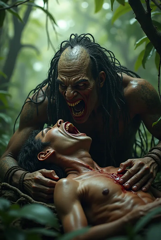 (photorealism:1.2), cannibal man eating another female with stone tools, realistic, jungle background, gory with intestines 