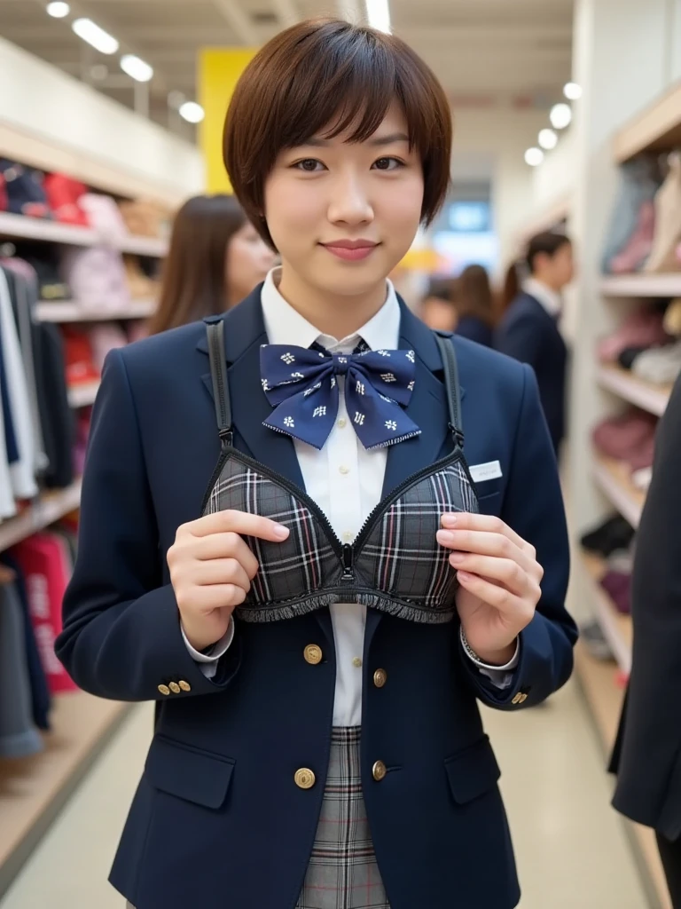leaning forward:1,Suit Shop,(The skin is wet from sweat),bent over,Are standing,During service,Inside the store with suits lined up,looking at the camera,Cleavage,(Wearing a shirt),smile,Skirt Lift、Lift your skirt with your hands,woman, 20-year-old, Short Hair、bangs、(Plain suit skirt),(White lace panties)、Cute earrings