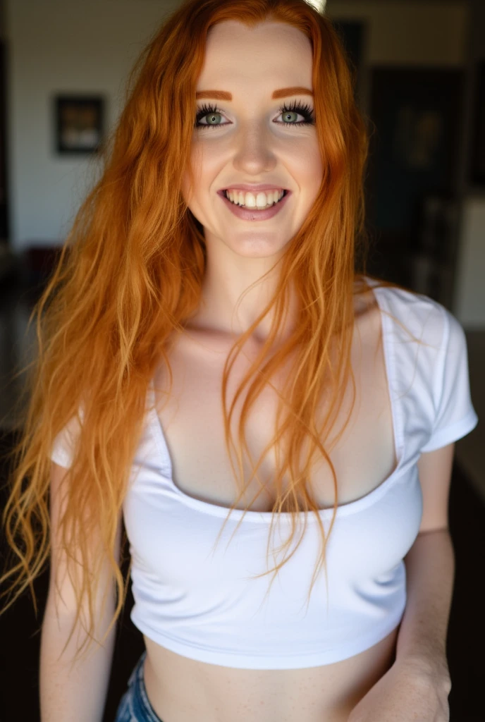 photo of LiluCinnamon, long hair, smile, shirt, closed mouth, white shirt, upper body, indoors, orange hair, sweater, realistic, body freckles