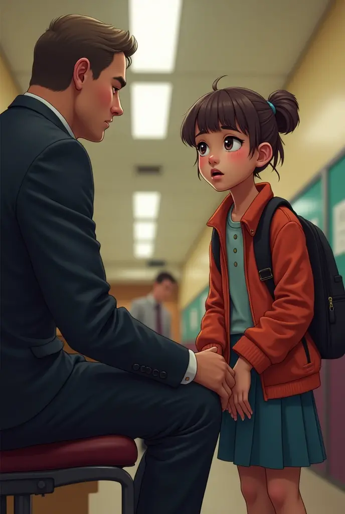 Natalia goes to class late,The teacher doesn't let her in and she goes to the hallway to wait for recess. The principal calls her to his room. The school principal is in front of her. She apologizes to the school principal. She sits on the school principal's lap.