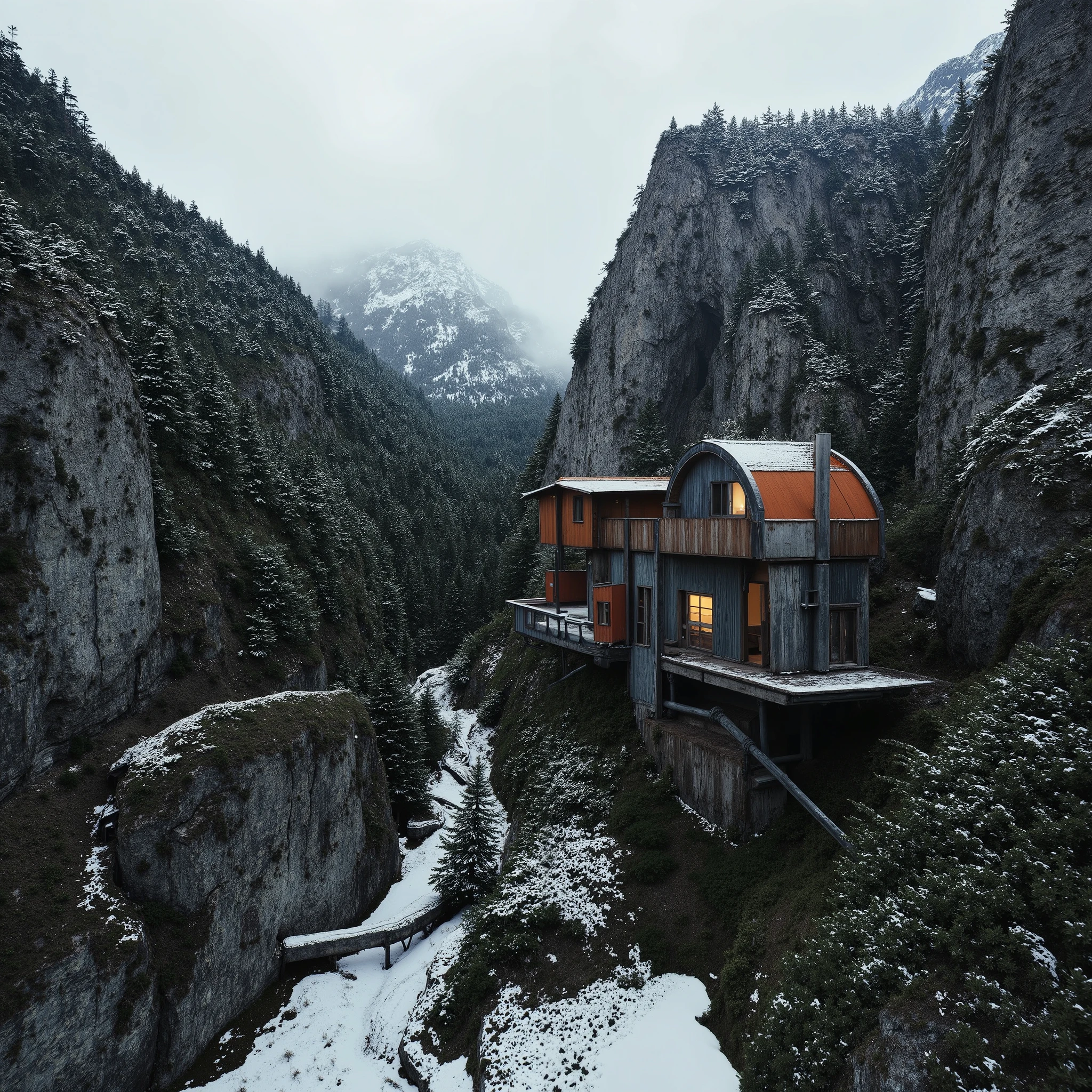 The year is 2510. Humanity and machines have fully integrated, forging a dark utopian existence—a future-tech noir reality infused with brutalist escapism. Remote mountain cabins, post-apocalyptic bunkers, and avant-garde survival pods have become the pinnacle of repurposed, isolated living—hidden sanctuaries far removed from the remnants of the outside world. This is dystopian decadence in its purest form: minimalist gothic apocalyptic surrealism with an otherworldly architectural ethos.
A vast and ominous pale haze blankets the landscape, a post-singularity aesthetic set deep within the Scandinavian mountain outback. Carved into the sheer rock face beneath a towering cliff, an extraordinary bunker-home emerges—a super-dynamic design of impossible, gravity-defying forms, seamlessly integrated into the brutal terrain. Its structure is forged from off-world materials: black concrete, retro-hued shipping containers, industrial corrugated steel beams, and massive support columns, all engineered for absolute resilience. The surrounding environment is stark yet cinematic—a rugged mountain-and-pine backdrop, shrouded in sinister fog and framed against a riveting burnt-sunset noir horizon.
The architecture is a paradox—lush brutalist shadows cast across bizarre, otherworldly geometries, where stacked shipping containers meet monolithic black concrete. The muted, ominous color palette enhances the analog photographic aesthetic, creating a rich, textured atmosphere. This isn’t just a home—it’s a statement of existential defiance, a surreal monolith standing against the vast and indifferent cosmos.
Cinematic drone shots capture its staggering proportions, its vertigo-inducing perspectives, and the sheer, epic scale of its existence. Enormous bay windows carve into the structure, their glass reflecting the dying embers of the apocalyptic sunset, casting eerie golden glows into the stark interior. The ambiance is a contradiction—both mesmerizing and deeply unsettling, 4k
