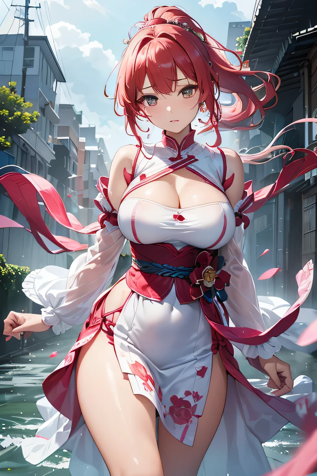 score_9,score_8_up,score_7_up,mole_under_eye, clothing_cutout, yinlin_(wuthering_waves), chinese_clothes, black_hairband, blush, solo, 1girl, white_background, simple_background, bare_shoulders, earrings, large_breasts, sweat, looking_at_viewer, upper_body, hair_stick, pussy, panties, see through pussy, panties thin wet, red hair, 