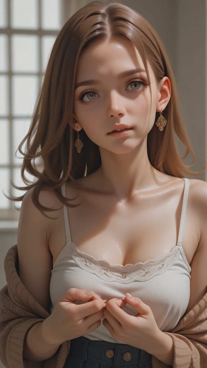 SA22 woman wearing a white shirt and blue jeans, (25 years old), brown eyes, brunette hair, hyper realistic, 4k, masterpiece, beautiful, facing the viewer, headshot, ((white skin)), cleavage, mirror selfie, maximum details