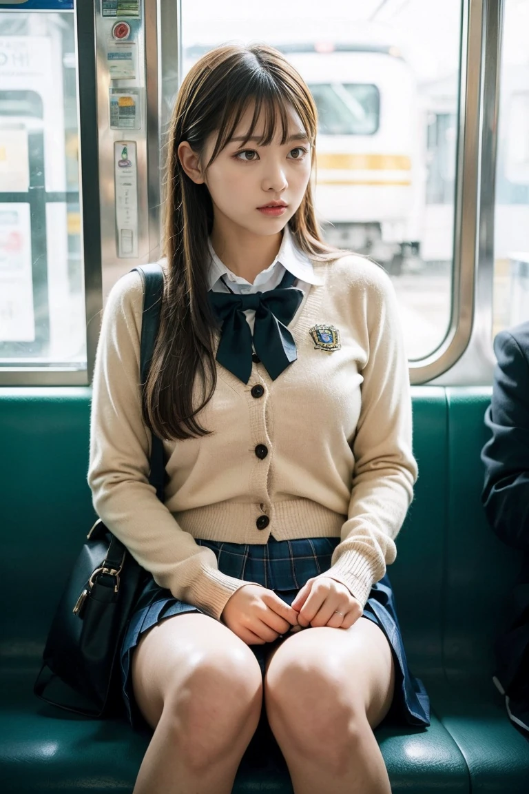 (((one girl、Lots of men around)))、high school girl、skinny body shape、white skin、natural makeup、black hair、bangs、straight long hair、((high school uniform))((navy blue cardigan、white blouse、Red School Ribbon))、(((blue plaid pleated skirt、mini skirt)))、(((pure white panties)))、((The upper body is in uniform))、small breasts、、(((crowded train)))、Looking at the camera facing the front、、focus on crotch、panty shot、thighs exposed、((Low - Angle))、((Sitting on a seat with legs open))、portrait from head to toe、white socks、black loafers、((Panty shot))