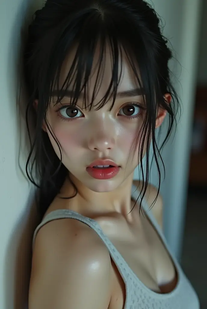 (Ultra Real), (figure), (High resolution), (8k), (very detailed), (Best figure), (Detailed and beautiful eyes), (highest quality), (Ultra-detailed), (masterpiece), (wallpaper), (Detailed face), Droopy eyes, Sweaty, Upper body close-up, Underarm, short hair, Inner Color, A girl wearing a simple white tank top, Beautiful Japanese, Dark Eyes,,((Raise your arms behind your head))