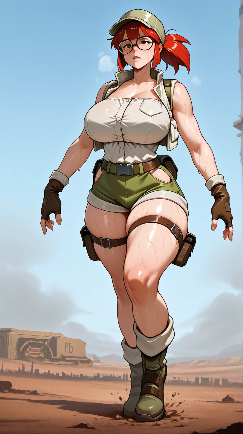 (plain background, 8k, best quality, masterpiece, realistic, photo-realistic:1.37) (full body height standing straight symmetrical contrapposto) (looking at viewer) 2legs apart (wide stance) ultra detailed, 1solo cute girl (beautiful detailed eyes) (smile:1.2) (closed mouth) view from below depth of field, good composition, bob hair, perfect knockers, suspenders, toned body, athletic, wide hips, thin waist, toned arms, exposed abdomen, abs toned, navel, big belly button belt ((red cheeks, red eyes, red tank top, red thong, red gloves gauntlets, red stockings thighs)) (Rei Kishimoto) standing ɓy wooden pole