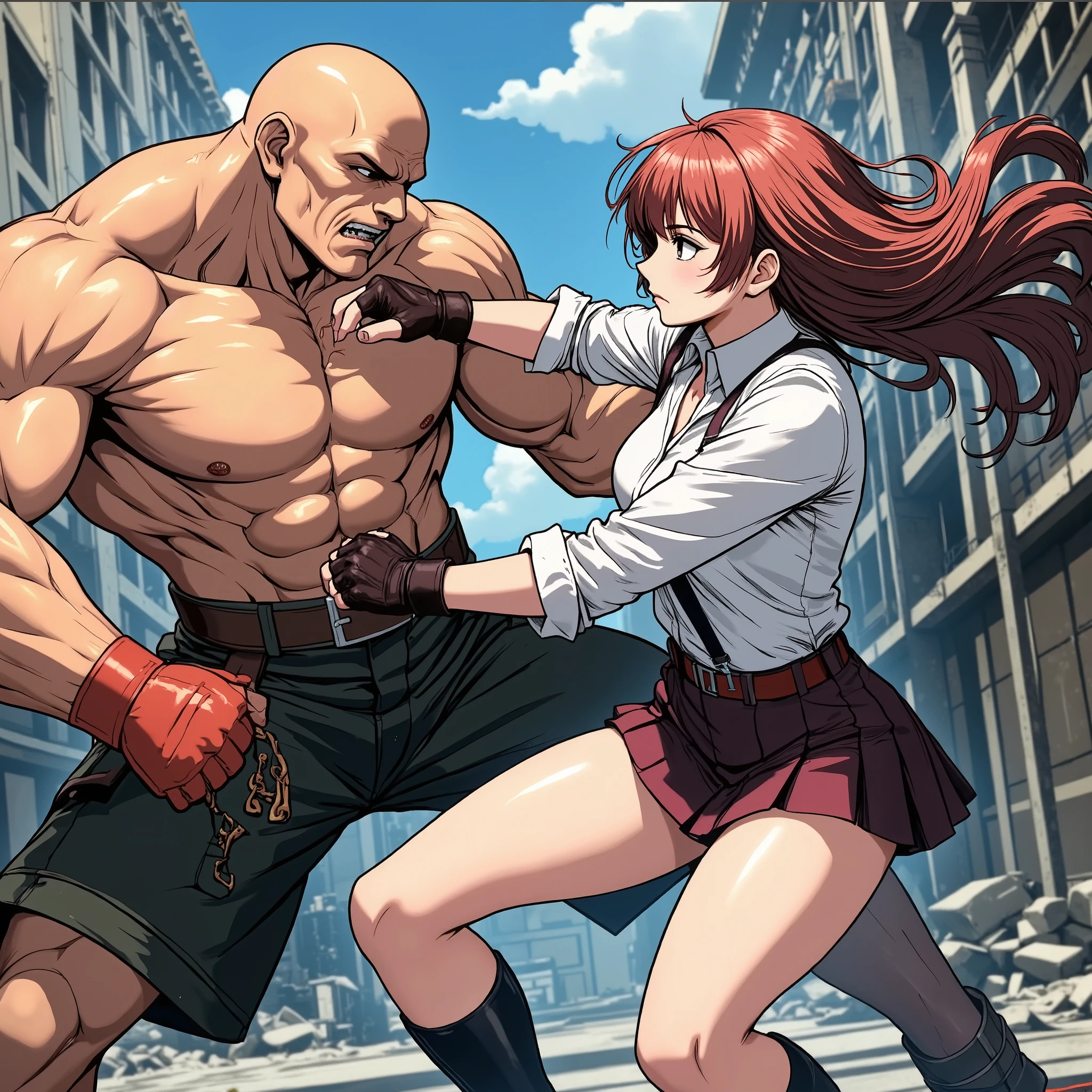 (masterpiece, top quality:1.2),((jill valentine))。Resident Evil 3。Fighting、The world view of Resident Evil 3。anatomically correct、Jill Valentine/(Resident Evil 3/)、 Active Angle。1 girl, 1 humanoid Zombie monster ,fight、Staring at each other。female。Female criminal。。combat posture。。,face to face。hand,Perfect Hand。(female: brown hair, blue tube top, bob cut, short hair, suspenders, black pencil skirt, white clothes around waist, boots。Avoid。avoid。crisis。 Seriousness. Impatience. Fingerless gloves,Bending forward..)(Humanoid Zombie Monsters: Zombie..Huge。helmet。Black shield on helmet.、shirtless。 thug 。Huge。attack。Discolored skin.)。egmid。. Ruins.
battle of the sexes,handfixer.。80sanime