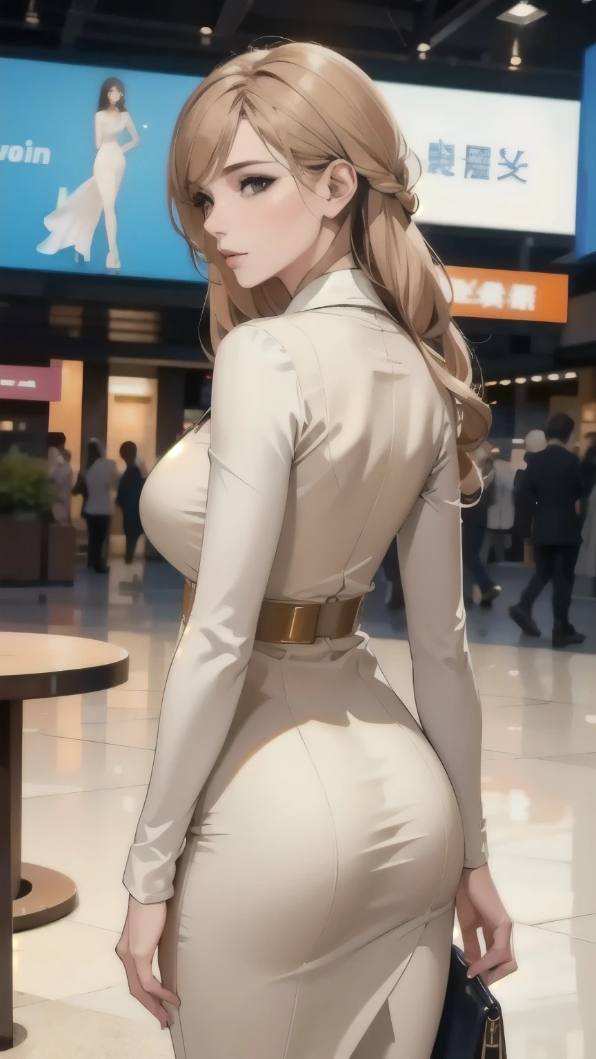 From the rear, A woman in a beige costume、Full body portrait、Fashion trends in 2025、(masterpiece, top quality :1.2),Business city background 、 slender model