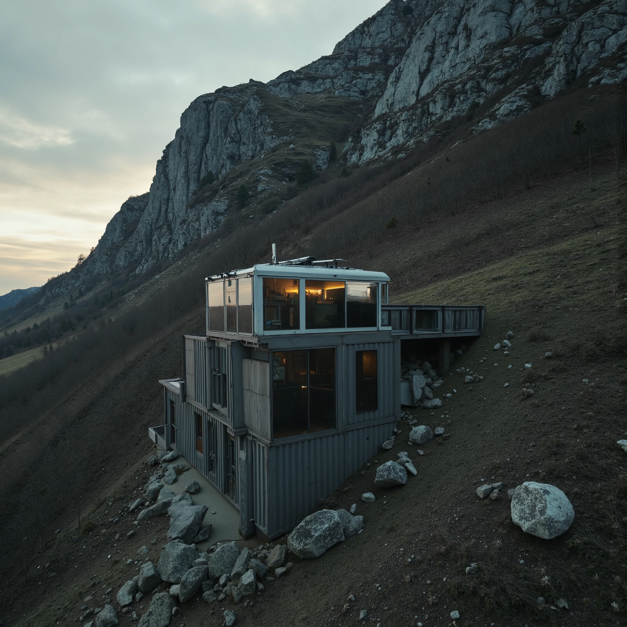 The year is 2510. Humanity and machines have fully integrated, forging a dark utopian existence—a future-tech noir reality infused with brutalist escapism. Remote mountain cabins, post-apocalyptic bunkers, and avant-garde survival pods have become the pinnacle of repurposed, isolated living—hidden sanctuaries far removed from the remnants of the outside world. This is dystopian decadence in its purest form: minimalist gothic apocalyptic surrealism with an otherworldly architectural ethos.
A vast and ominous pale haze blankets the landscape, a post-singularity aesthetic set deep within the Scandinavian mountain outback. Carved into the sheer rock face beneath a towering cliff, an extraordinary bunker-home emerges—a super-dynamic design of impossible, gravity-defying forms, seamlessly integrated into the brutal terrain. Its structure is forged from off-world materials: black concrete, retro-hued shipping containers, industrial corrugated steel beams, and massive support columns, all engineered for absolute resilience. The surrounding environment is stark yet cinematic—a rugged mountain-and-pine backdrop, shrouded in sinister fog and framed against a riveting burnt-sunset noir horizon.
The architecture is a paradox—lush brutalist shadows cast across bizarre, otherworldly geometries, where stacked shipping containers meet monolithic black concrete. The muted, ominous color palette enhances the analog photographic aesthetic, creating a rich, textured atmosphere. This isn’t just a home—it’s a statement of existential defiance, a surreal monolith standing against the vast and indifferent cosmos.
Cinematic drone shots capture its staggering proportions, its vertigo-inducing perspectives, and the sheer, epic scale of its existence. Enormous bay windows carve into the structure, their glass reflecting the dying embers of the apocalyptic sunset, casting eerie golden glows into the stark interior. The ambiance is a contradiction—both mesmerizing and deeply unsettling, 4k