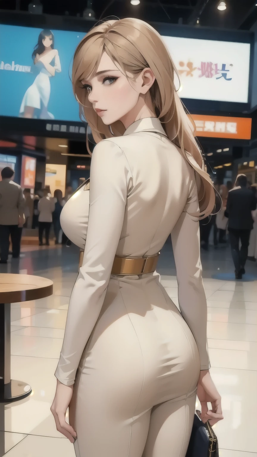 From the rear, A woman in a beige costume、Full body portrait、Fashion trends in 2025、(masterpiece, top quality :1.2),Business city background 、 slender model