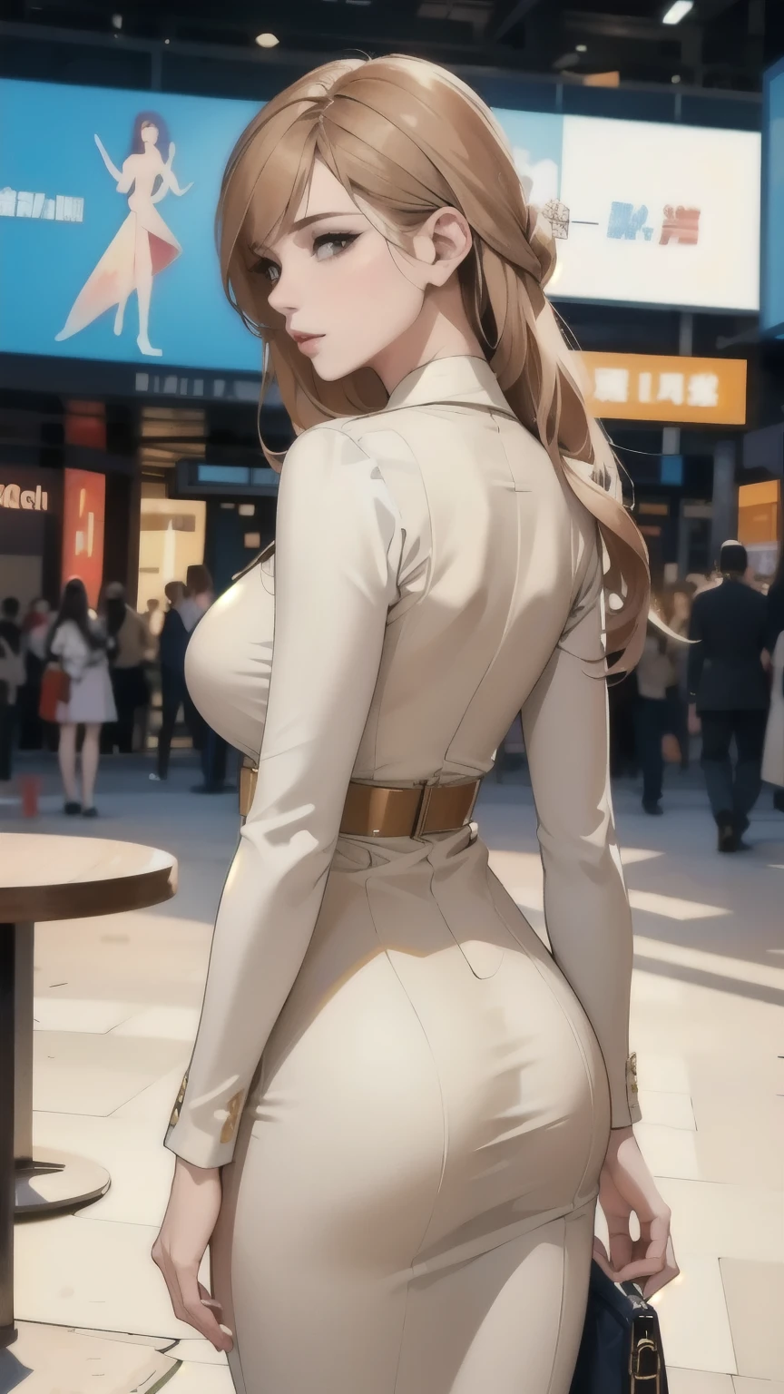 From the rear, A woman in a beige costume、Full body portrait、Fashion trends in 2025、(masterpiece, top quality :1.2),Business city background 、 slender model