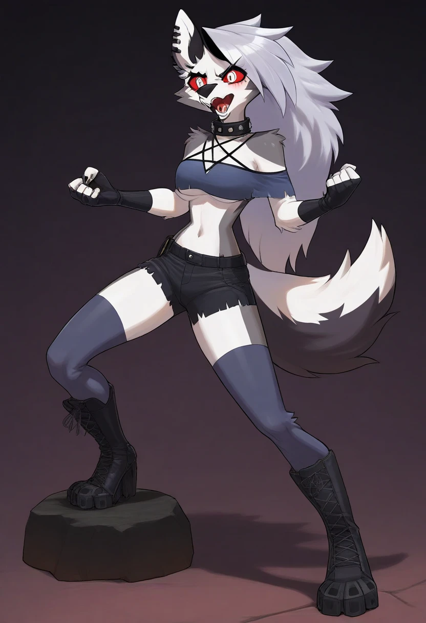 Loona is a wolf. She has a pointed, dog-like muzzle with sharp and pointy teeth, and a dark grey nose. Her eyes have red sclera, white irises and slit-like pupils, and she wears grey eyeshadow and black winged-eyeliner for makeup, Her fur is white with grey countershading encircling her face, grey patches on her shoulders, and long, voluminous silver hair swept to the side to reveal her dark grey ears; the left of which is pierced with two small, black hoop-piercings, while the right is ragged. She has a large, dark grey bushy tail with white on the underside. She also has a piercing on her right eyebrow with a black hoop for jewelry, Her outfit features a large, spiked black choker around her neck. Her tattered grey, off-the-shoulder crop-top is held up at the neckline by a series of crisscross spaghetti-straps that form an inverted pentagram. She also wears a set of black shorts that are tattered at the hems, with a white crescent moon detail on the right side, Loona also accessorizes with both black fingerless gloves and black thigh-high toeless stockings, with her black claws protruding due to her digitigrade stance, anthro wolf, female, adult, muscles, white fur, buffed body, tail, sexy, beefy body, furred body, furry chest hair, realistic, full body, photorealistic, ultra realistic, 8k, night, bare-chested, in back turned posing, sexy butt, sexy ass