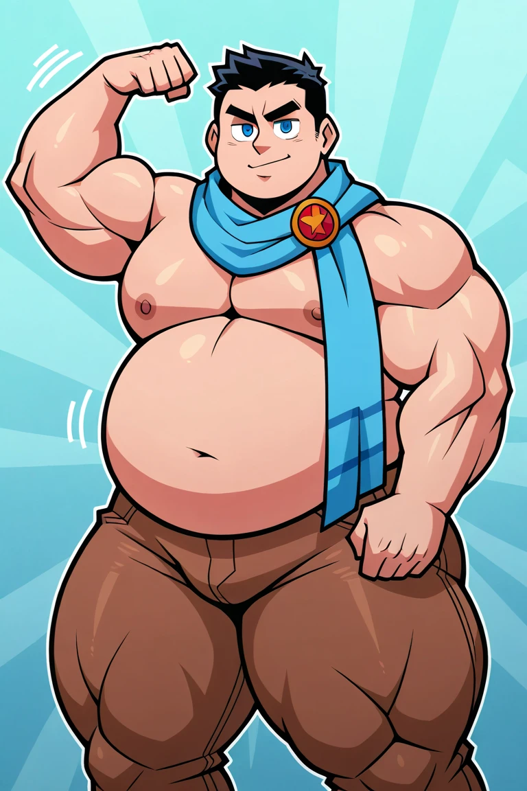 Draw a chubby muscle man, with puffy but short black hair, and a black shirt with a yellow star in the middle, no pants and a big penis with pube hair