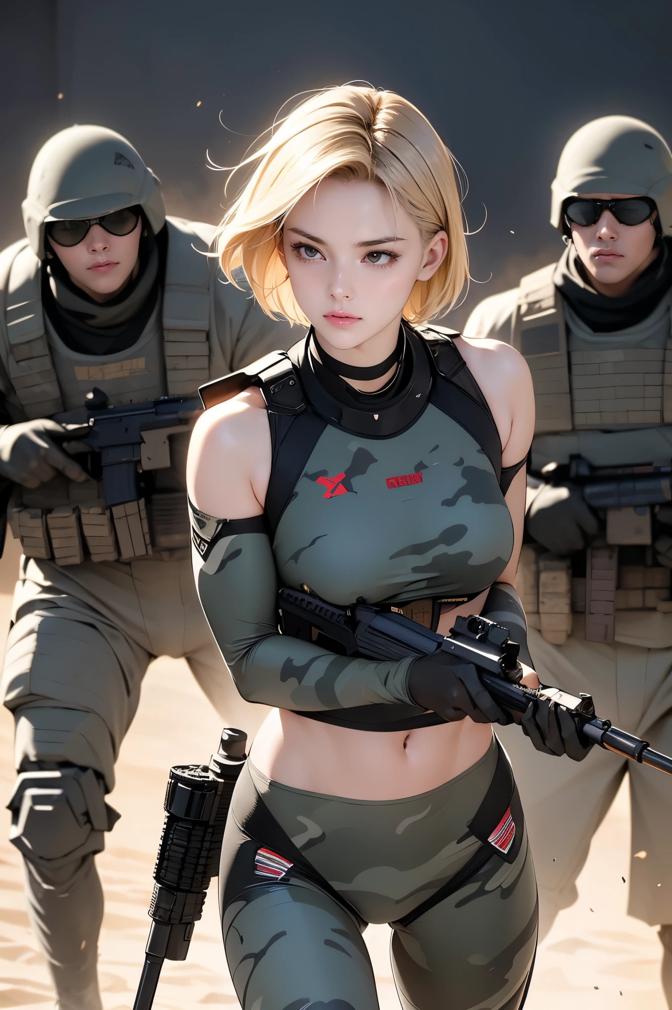 Browsing Caution, Anime screenshots, 16K, A body with perfect anatomical proportions, Perfect hands, action, Dynamic composition with a sense of speed and movement, (Hold an assault rifle:1.6), cute young girl, Perfectly beautiful, delicate and sexy face, Perfect and beautiful delicate eyes, Blonde Hair, Short Bob Hair, huge , Abdominal muscles, Camouflage colored heavy armor steam engine full armor power suit, Many heavily armored robot soldiers engaged in a gunfight in the background., flying bullets, Desert battlefield, war, explosive flame, Post-apocalyptic,