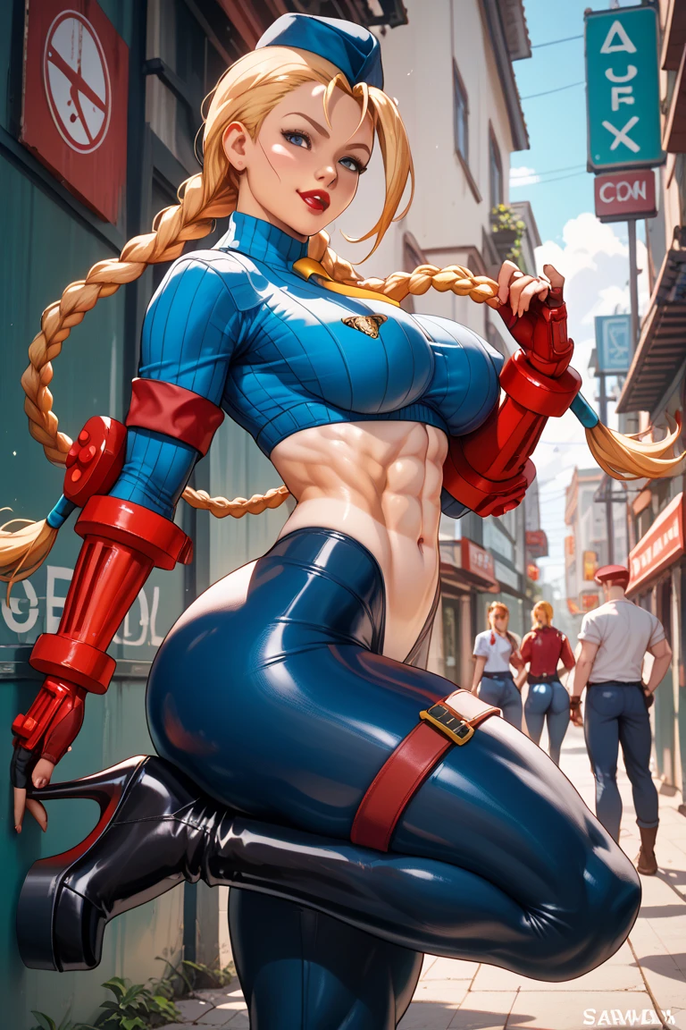 Masterpiece, high quality, full detailed, 8k, !(street fighter character Rainbow Mika has a very striking and colorful appearance. !(((perfect body from the front, big butt and big thighs))) Her outfit consists of a blue and white leotard. The leotard has a rainbow on the chest and the peace symbol on the abdomen. He also wears a white mask with a red star on his forehead, white boots with red laces, and red wristbands. Her hair is blonde and she wears it in two pigtails with red bows. His eyes are blue and he has a happy expression)
