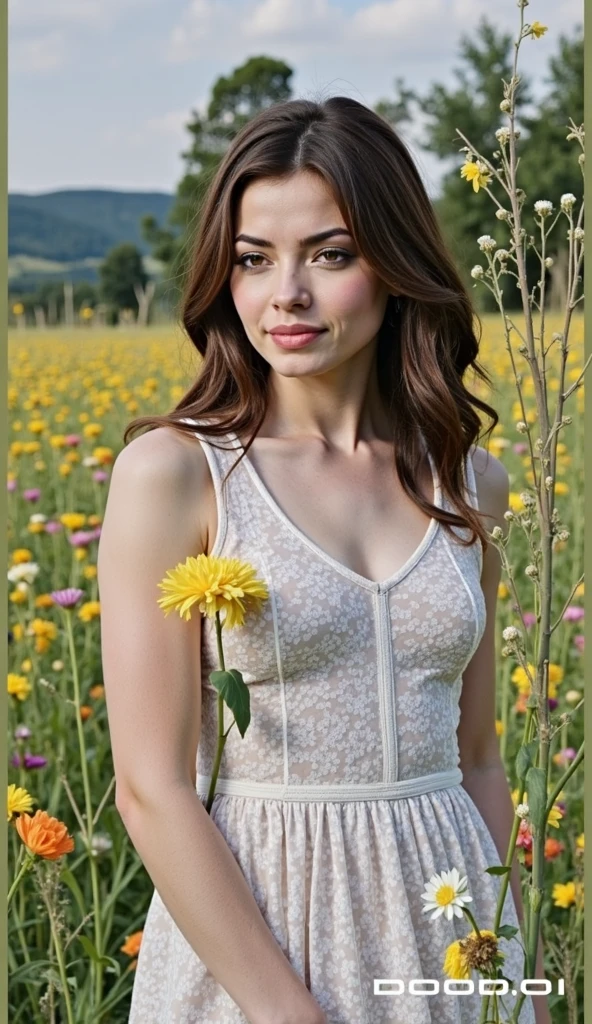 Winona Ryder in a field of sunflowers completely naked and a sexy smile.