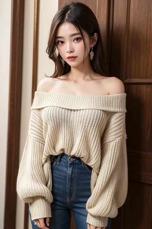 ((best quality)), ((masterpiece)), (detailed), 1 woman, off shoulder sweater,