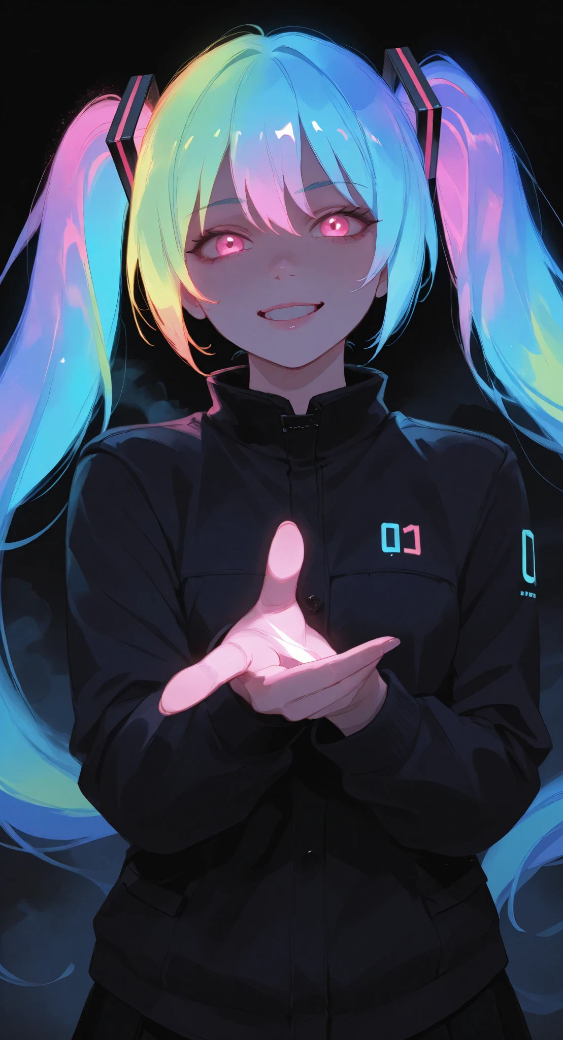 masterpiece,best quality,amazing quality,very aesthetic,absurdres,newest,impactful picture,offcial art,movie perspective, (aos:0.5),(fajyobore:0.5),(chiaroscuro:0.5), Hatsune Miku,limited palette,black background,colorful,vibrant,glowing outline,neon,blacklight,looking at viewer,fog,from_side,from_above,face focus,evil_grin,pointing,glowing_hair,brilliant brilliance,
