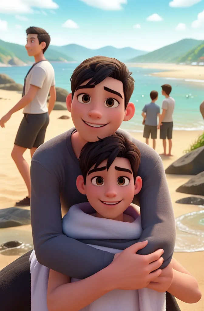 makes image of a white man, aged 35, model type, with short dark hair, with clear eyes, wearing a shirt buttoned up to the neck, hugging his brother who is 4 and is hugging them on a beach in the Algarve

