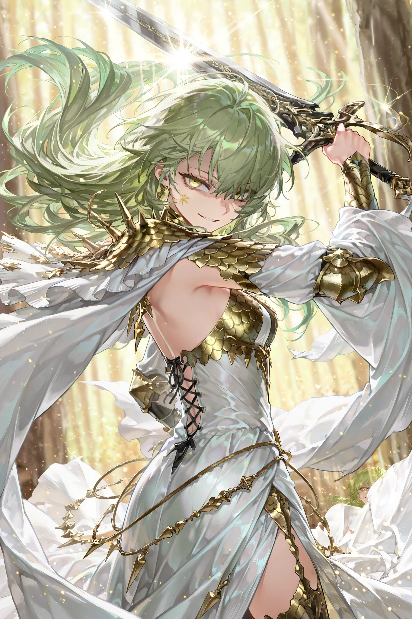 style of [arknights|(748cmstyle:0.5)], god rays, cinematic shot, mature, young adult, masterpiece, best quality, amazing quality, very aesthetic, high resolution, ultra-detailed, absurdres,
1girl, woman, solo, alone,(dynamic pose, side eye, looking at viewer, upper body focus, action shot, rear shot, angled shot, three quarter view, close up, cowboy shot:1.2), acrobatic pose, attack pose, dual wielding glass hook swords, hooked swords, hooked sabers, halterneck, scale armor, renaissance dress, pointing a sword at viewer, death mark, astral signs, green eyes, yellow eyes, deep green hair, green hair, flowing hair, smirk, tsurime, narrowed eyes, sultry, sword saint, heavenly demon, yandere, gesugao, capelet, shoulder cape, small breasts, white clothes, flowy clothes, loose fitting clothes, loose clothes, [(white gore magala armor:0.22)|white greek dress with golden accents, ornate dress with armoured trim:0.4], novuschroma79 style, glitch art photo
BREAK, depth of field, volumetric lighting
 