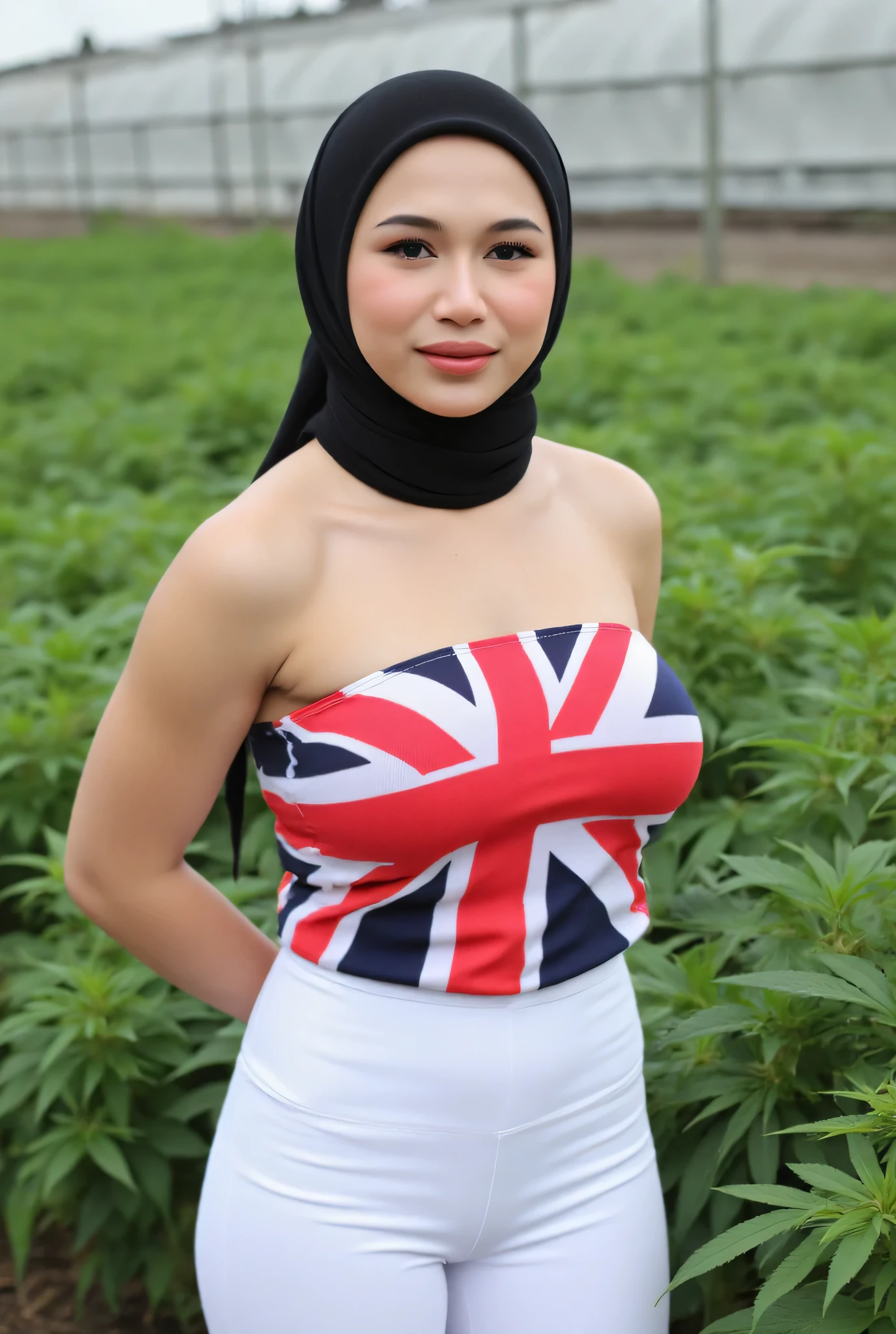 (high) waist white leggings). front view, Malaysian hijab-wearing mother. (Wearings British flag top strapless ). BOTH HANDS LYING BEHIND YOUR BACK , (SAGGING BREASTS), (background In the cannabis farm) (not visible my center)