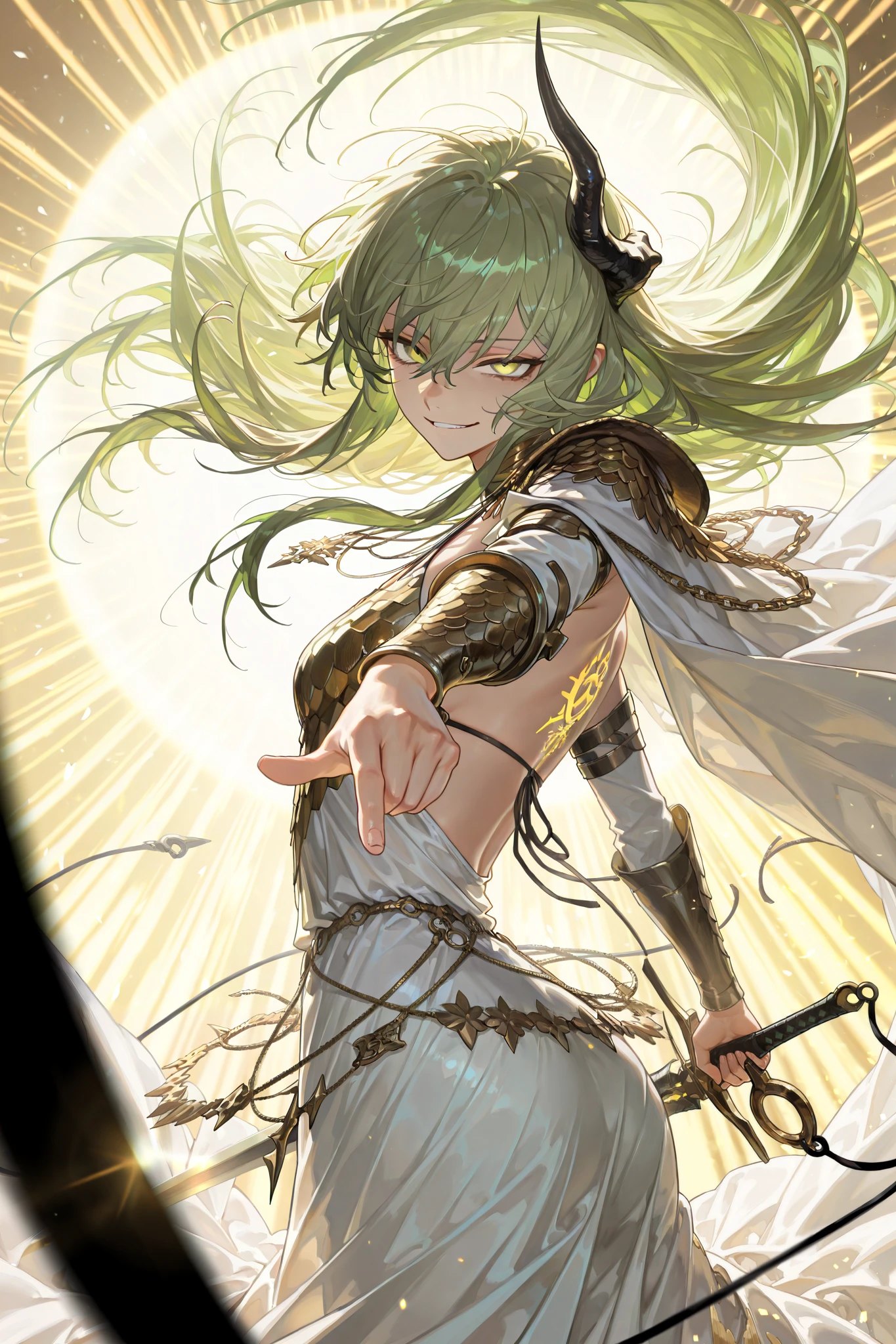style of [arknights|(748cmstyle:0.5)], god rays, cinematic shot, mature, young adult, masterpiece, best quality, amazing quality, very aesthetic, high resolution, ultra-detailed, absurdres,
1girl, woman, solo, alone,(dynamic pose, side eye, looking at viewer, upper body focus, action shot, rear shot, angled shot, three quarter view, close up, cowboy shot:1.2), acrobatic pose, attack pose, dual wielding glass hook swords, hooked swords, hooked sabers, halterneck, scale armor, renaissance dress, pointing a sword at viewer, death mark, astral signs, green eyes, yellow eyes, deep green hair, green hair, flowing hair, smirk, tsurime, narrowed eyes, sultry, sword saint, heavenly demon, yandere, gesugao, capelet, shoulder cape, small breasts, white clothes, flowy clothes, loose fitting clothes, loose clothes, [(white gore magala armor:0.22)|white greek dress with golden accents, ornate dress with armoured trim:0.4], novuschroma79 style, glitch art photo
BREAK, depth of field, volumetric lighting
 