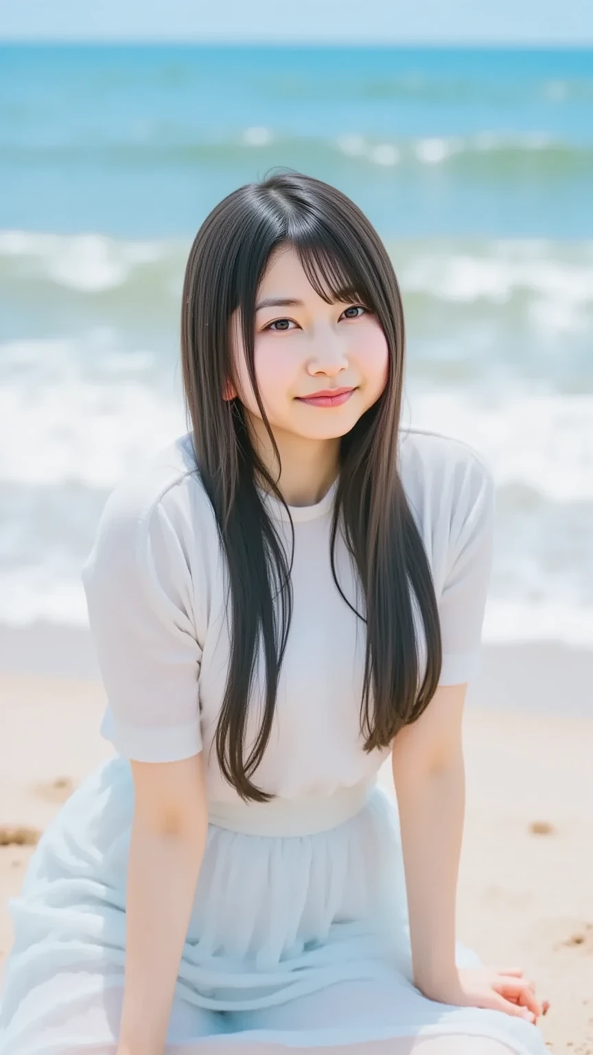 Highest quality,Super detailed,A woman squatting on the beach at Enoshima Beach, looking up at the camera,,Posing for a photo,Distant scenery is blurry,Illuminated by sunlight