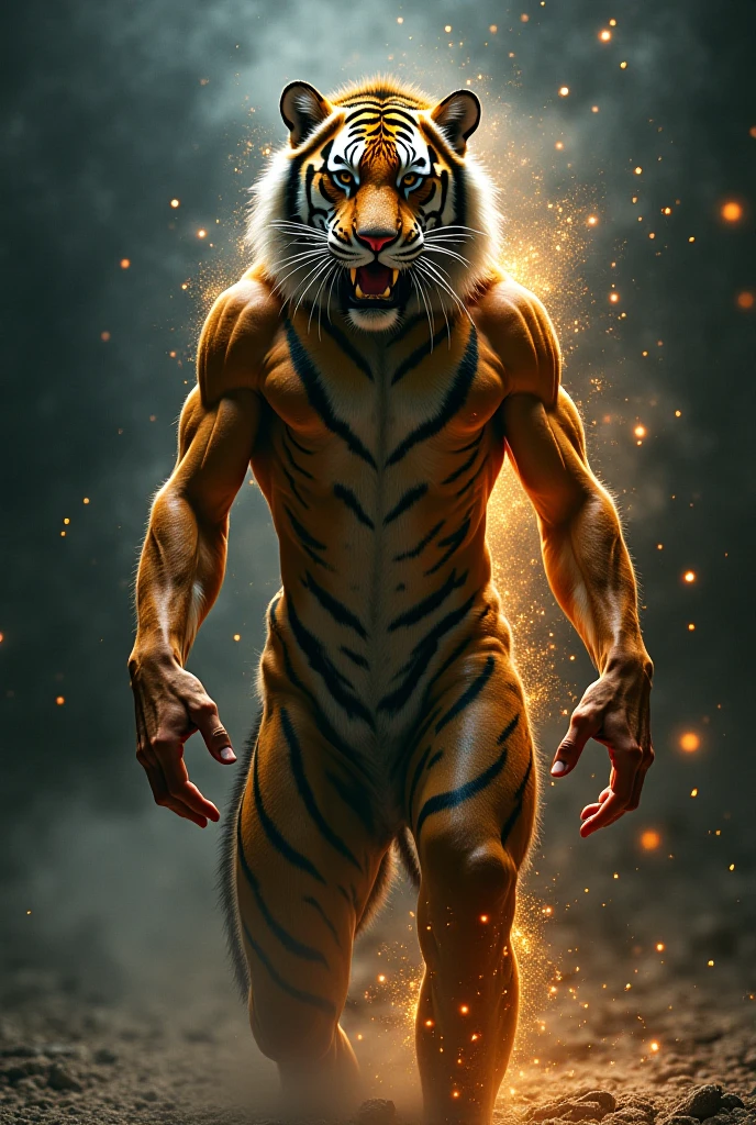 I want a tiger from the front, appearing from the waist to the head, extremely muscular with a magic circle on his back, eyes very bright as if they were lightning and with both hands extended forward and a little apart, as if power was coming out of his hands like smoke