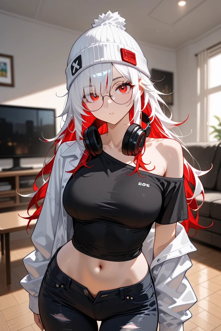 Uta , 1girl , anime , masterpiece , red and white hair, jaqueta aberta open clothes ,medium breasts ,bra, pantie , socks , shy face ,blush , belly button piercing