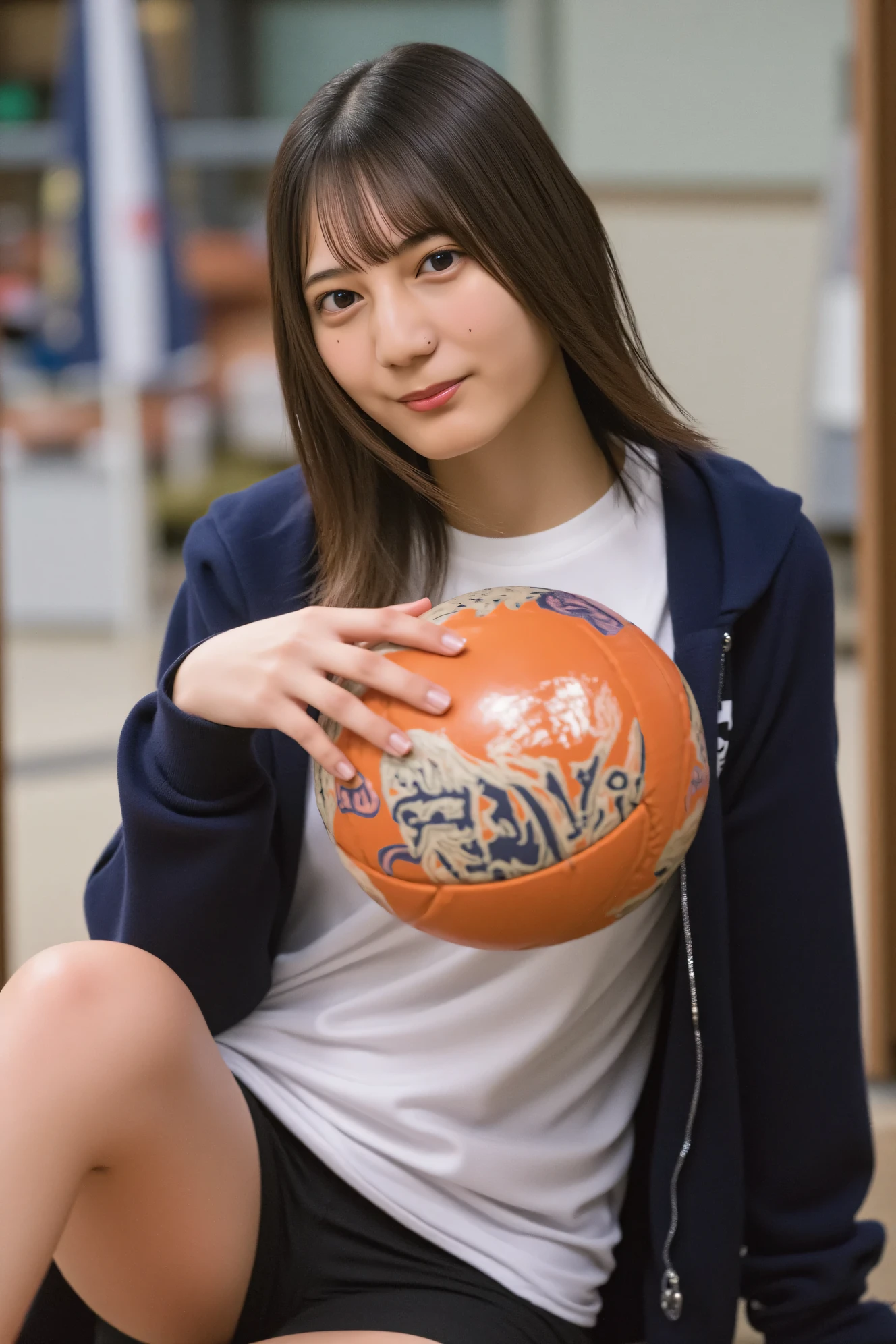 ((( High Resolution , top quality, very well detailed, masterpiece ,  highly detailed photos , realistic , Real people , Ultra precise skin ))) ,  (   from the side  ) , full body ,  Advance Shot ,  Viewer , ( smile face ) , { She is volleyball player ( Wearing the uniform that is volleyball uniform ) , She is playing volleyball. },  { full frontal : 1.8 } , the dark hours of dawn  , (( tuck hair behind the ear : 1.8))  , {  ｝, In the gym